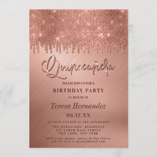 Luxe Roos Gouden Glitter Pixels Quinceañera Kaart