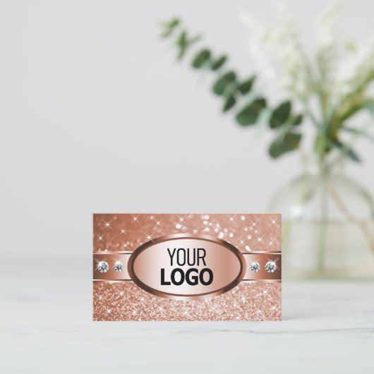 Luxe Roos Gouden Glitter Sterren Diamanten en Logo Visitekaartje (Staand voorkant)