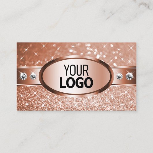 Luxe Roos Gouden Glitter Sterren Diamanten en Logo Visitekaartje (Voorkant)