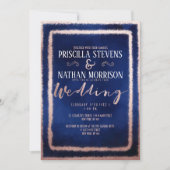 Luxe Roos Gouden Glitter Stof Navy Blue Wedding Kaart (Voorkant)