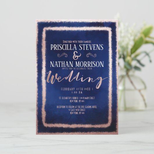 Luxe Roos Gouden Glitter Stof Navy Blue Wedding Kaart (Staand voorkant)