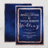 Luxe Roos Gouden Glitter Stof Navy Blue Wedding Kaart (Voorkant / Achterkant)