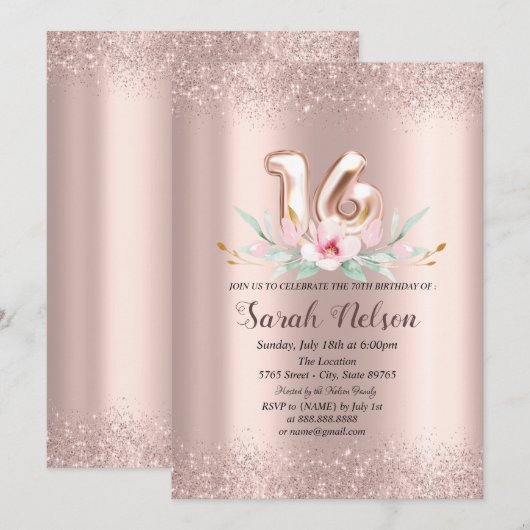 Luxe Roos Gouden Glitter Waterverf Bloem 18 Kaart (Voorkant / Achterkant)