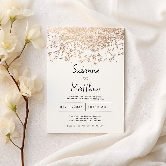 Luxe roos gouden witte script confetti bruiloft kaart