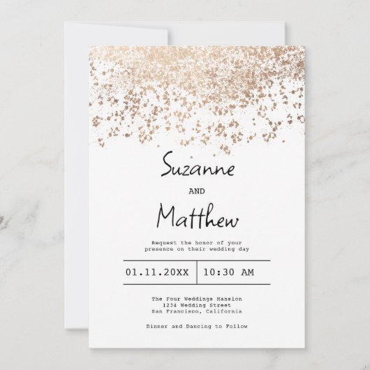Luxe roos gouden witte script confetti bruiloft kaart (Voorkant)