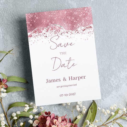 Luxe roos gouden zilveren glitter Save the Date Kaart
