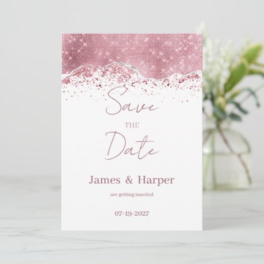 Luxe roos gouden zilveren glitter Save the Date Kaart (Staand voorkant)