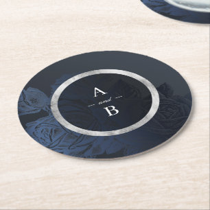 Luxe roos marine  botanische bruiloft monogram ronde kartonnen onderzetter