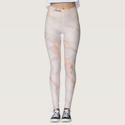 Luxe Roos Roze Blush Glitter Marmer Voeg tekst toe Leggings (Voorkant)