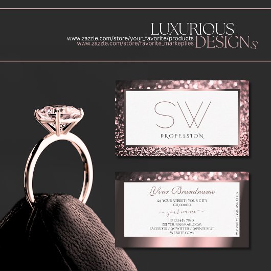 Luxe Roos Roze Wit Sparkle Glitter Monogram Visitekaartje