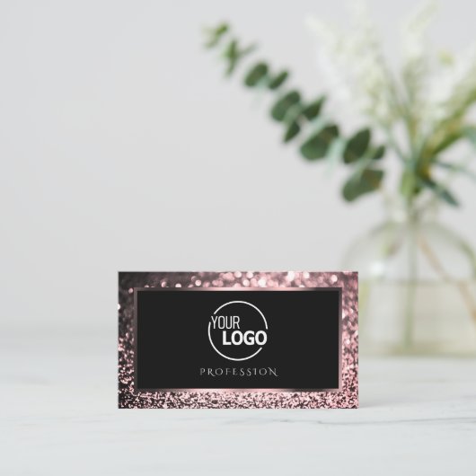 Luxe Roos Roze Zwart Sparkling Glitter met Logo Visitekaartje (Staand voorkant)