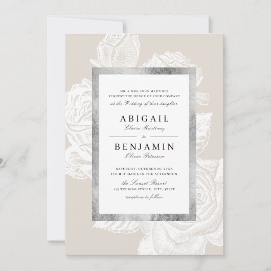 Luxe roos Silver  Botanische bruiloft Kaart (Voorkant)