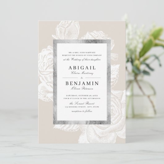 Luxe roos Silver Botanische bruiloft Kaart (Staand voorkant)
