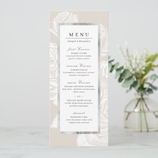 Luxe roos Silver  Botanische bruiloft Menu (Staand voorkant)