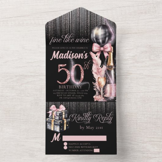 Luxe Roos Wijn Volwassene 50e Verjaardag All In One Uitnodiging (Binnen)
