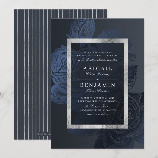 Luxe roos zilver botanische bruiloft kaart (Voorkant / Achterkant)