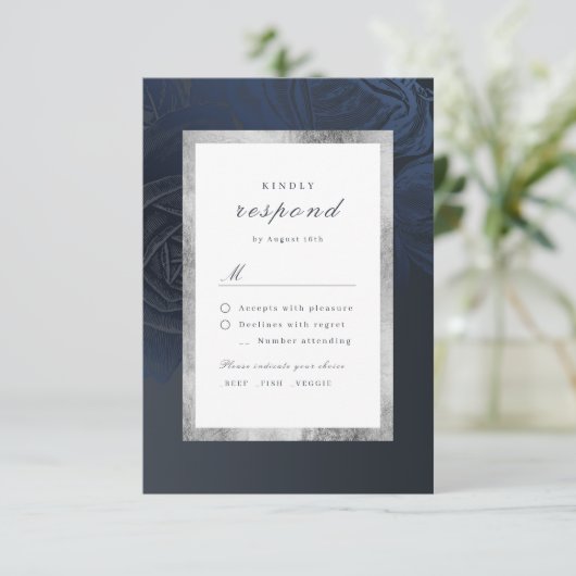 Luxe roos zilver  botanische bruiloft RSVP kaartje (Staand voorkant)