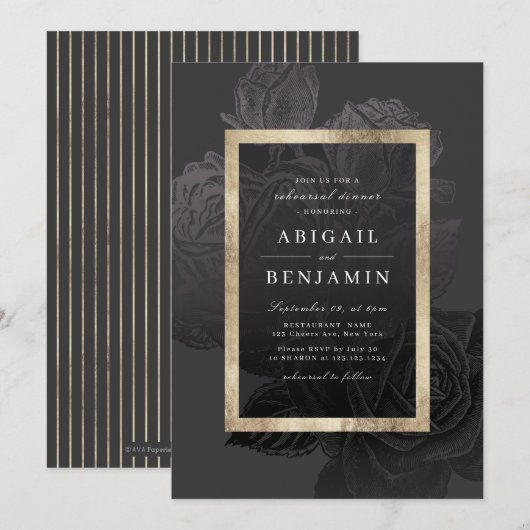 Luxe roos zwart  botanisch repetitiediner kaart (Voorkant / Achterkant)