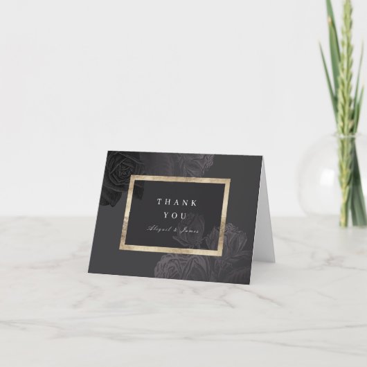 Luxe roos zwart goud  botanische bruiloft bedankkaart (Voorkant)