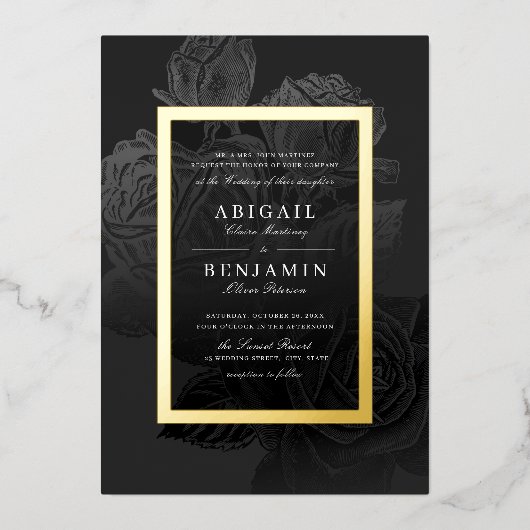Luxe roos zwart goud  botanische bruiloft folie uitnodiging (Voorkant)