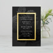 Luxe roos zwart goud  botanische bruiloft folie uitnodiging (Staand Voorkant)