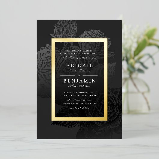 Luxe roos zwart goud botanische bruiloft folie uitnodiging (Staand Voorkant)