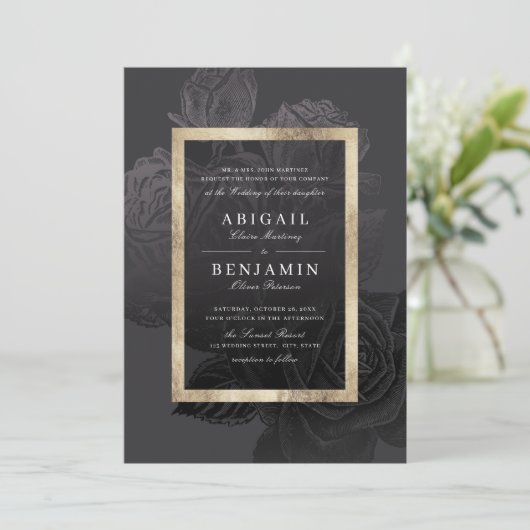 Luxe roos zwart goud  botanische bruiloft kaart (Staand voorkant)