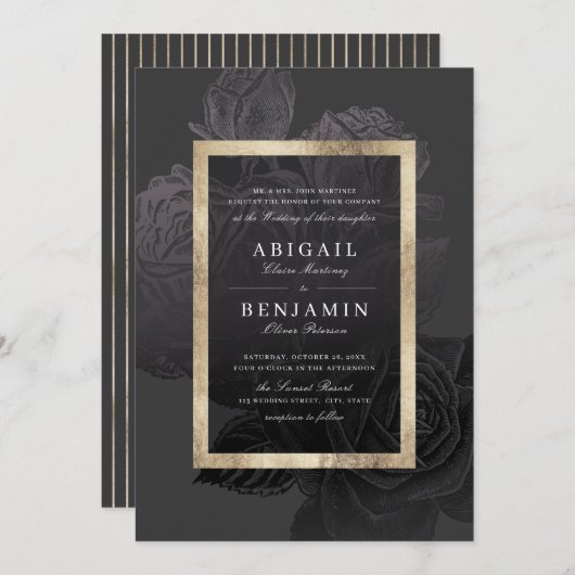 Luxe roos zwart goud  botanische bruiloft kaart (Voorkant / Achterkant)