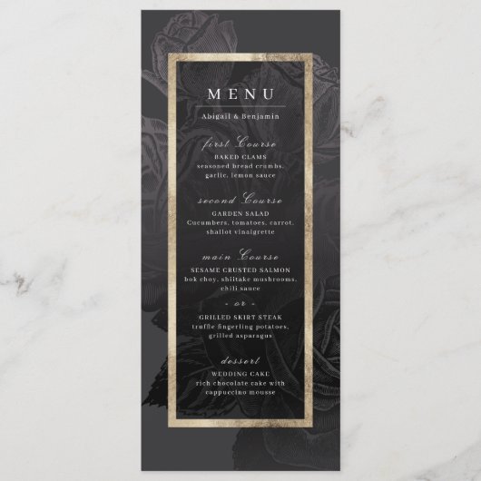 Luxe roos zwart goud  botanische bruiloft menu (Voorkant)