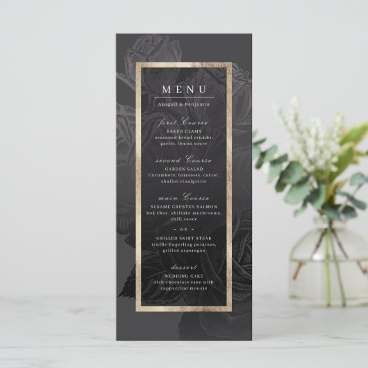 Luxe roos zwart goud botanische bruiloft menu (Staand voorkant)