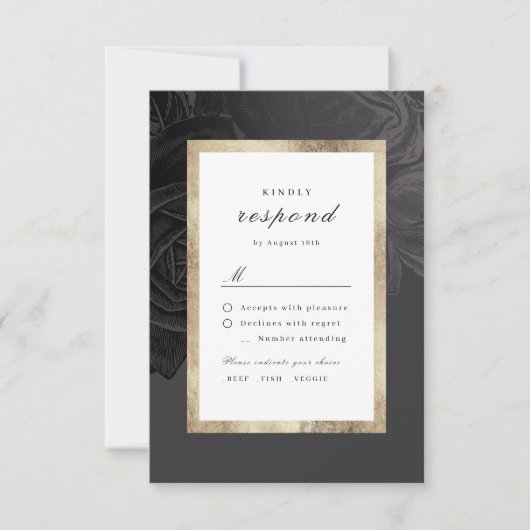 Luxe roos zwart goud botanische bruiloft RSVP kaartje (Voorkant)