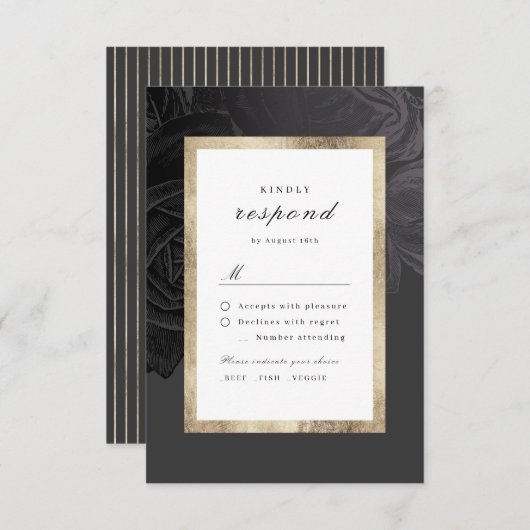 Luxe roos zwart goud botanische bruiloft RSVP kaartje (Voorkant / Achterkant)