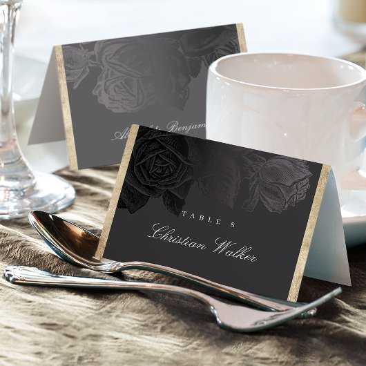 Luxe roos zwart goud  botanische Place Card Kaart