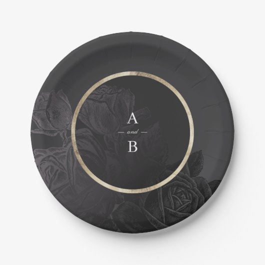 Luxe roos zwarte  botanische bruiloft monogram papieren bordje (Voorkant)