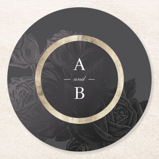 Luxe roos zwarte botanische bruiloft monogram ronde kartonnen onderzetter (Voorkant)