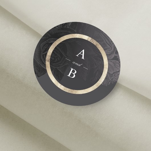 Luxe roos zwarte  botanische bruiloft monogram ronde sticker