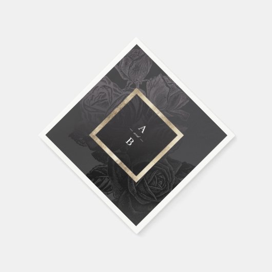 Luxe roos zwarte botanische bruiloft monogram servet (Hoek)