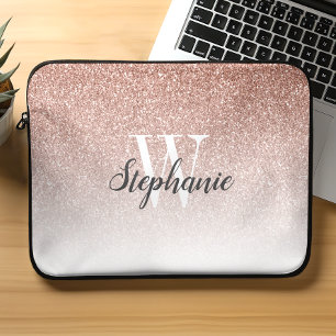 Luxe Rose Goud Ombre Nep Glitter Monogram Laptop Sleeve