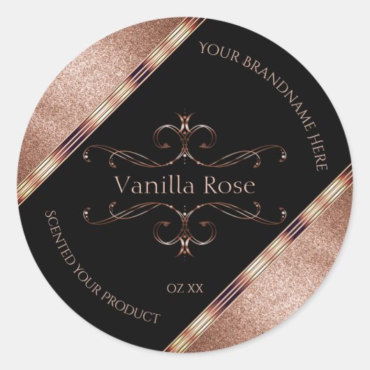 Luxe Rosegold Glitter-label voor zwart product Ronde Sticker (Voorkant)