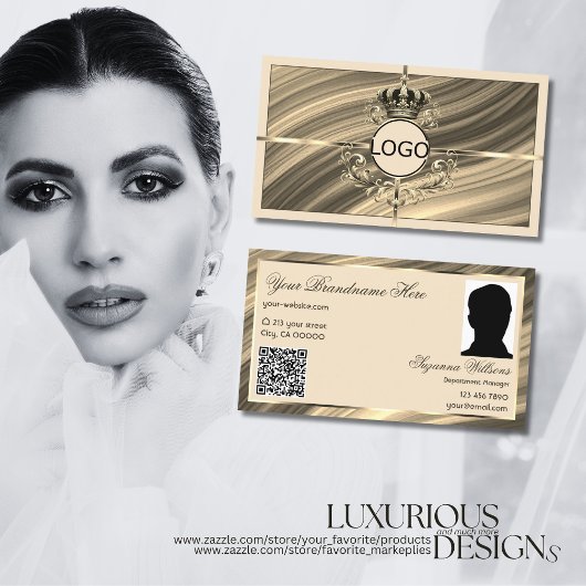 Luxe Royal Beige Gold Crown Logo Foto QR-code Visitekaartje