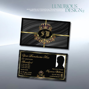 Luxe Royal Black Gold Crown met Monogram Foto Visitekaartje