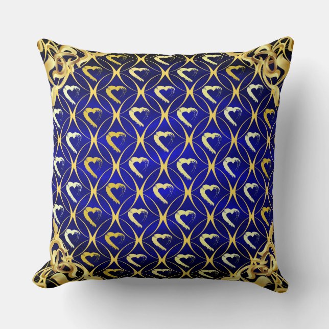Luxe Royal Blue en Gold Hearts Kussen (Voorkant)