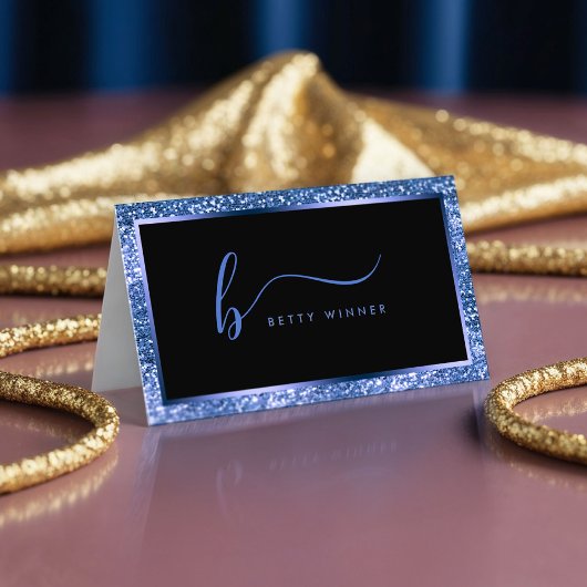 Luxe Royal Blue Glitter Lijst Script Monogram Visitekaartje