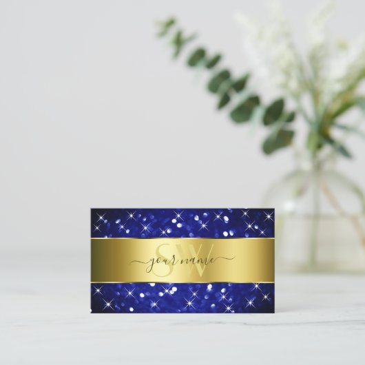 Luxe Royal Blue Glitter Sterren Goud en Monogram Visitekaartje (Staand voorkant)