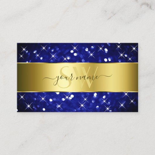 Luxe Royal Blue Glitter Sterren Goud en Monogram Visitekaartje (Voorkant)