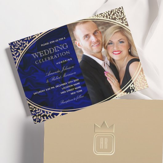 Luxe Royal Blue Gold All-in-One huwelijksuitnodigi Kaart
