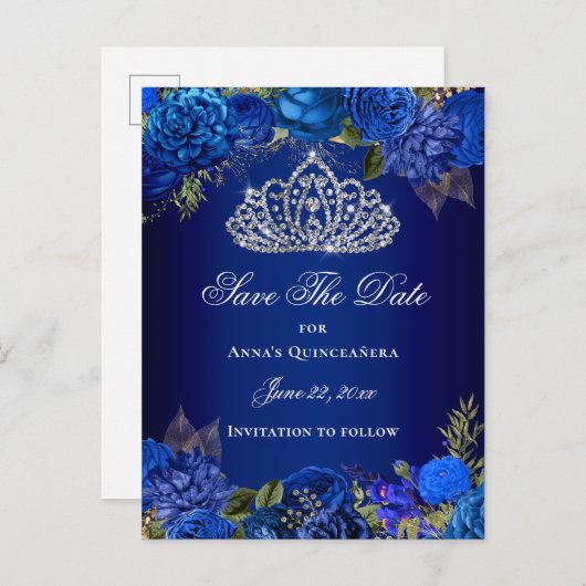 Luxe Royal Blue Quinceanera Save the Date Briefkaart (Voorkant / Achterkant)