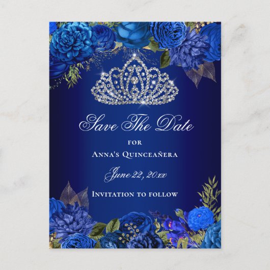 Luxe Royal Blue Quinceanera Save the Date Briefkaart (Voorkant)