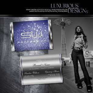 Luxe Royal Blue Sparkle Glitter Monogram Zilver Visitekaartje