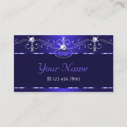Luxe Royal Blue Squiggles Sparkle Jewels Initialen Visitekaartje (Voorkant)